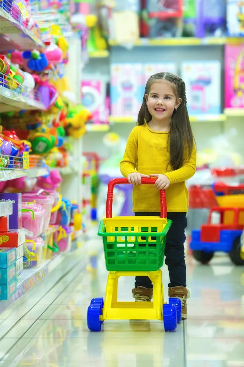 Adorable niña empujando alegremente un carrito de juguete en un colorido pasillo de juguetería.