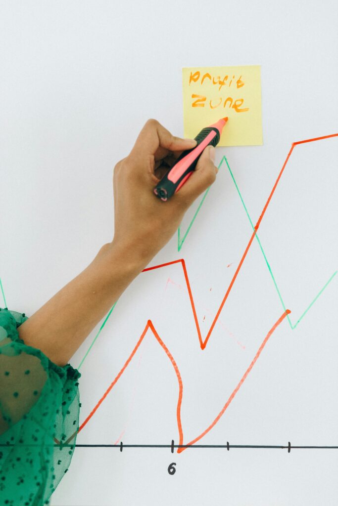 Amazon & Marketplace Marketing 4 Person writing on sticky note placed on business chart, capturing financial strategy concept.