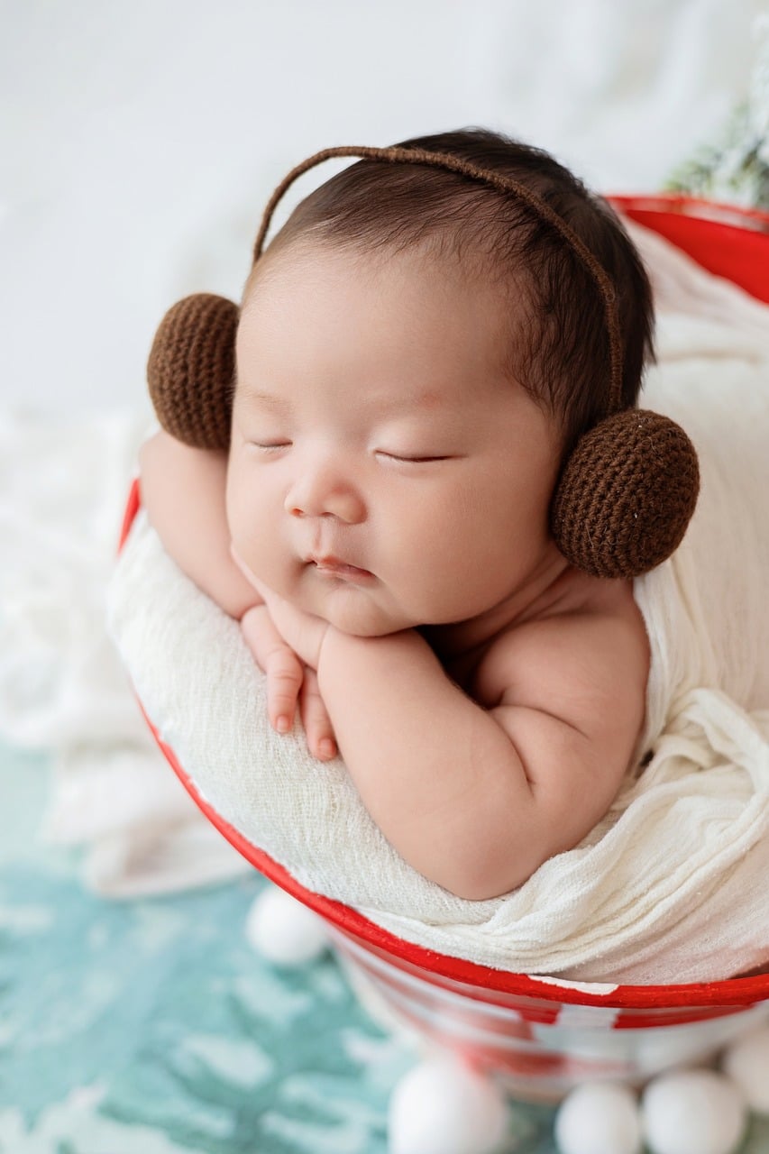 christmas, baby, tree, cute, cold, cap, nature, rest, basket, blanket, earmuffs, sleeping, joyful, sweet, peaceful, winter, newborn, muted, clothed, sign, portrait, blend
