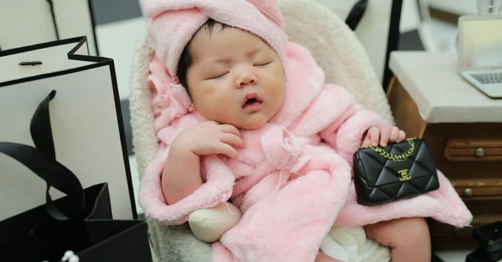 Cute baby in a pink bathrobe sleeping peacefully with shopping bags around.