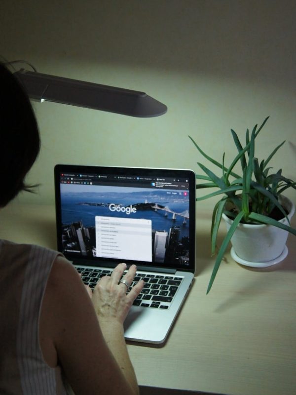 An adult browsing online with a laptop on a desk with a plant nearby, under soft lighting.