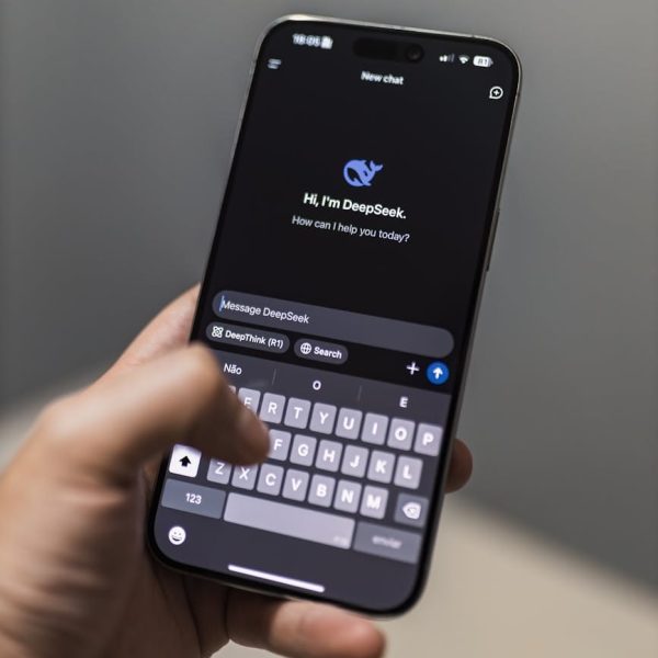 Close-up of a smartphone with an AI chat interface titled "DeepSeek" on the screen.