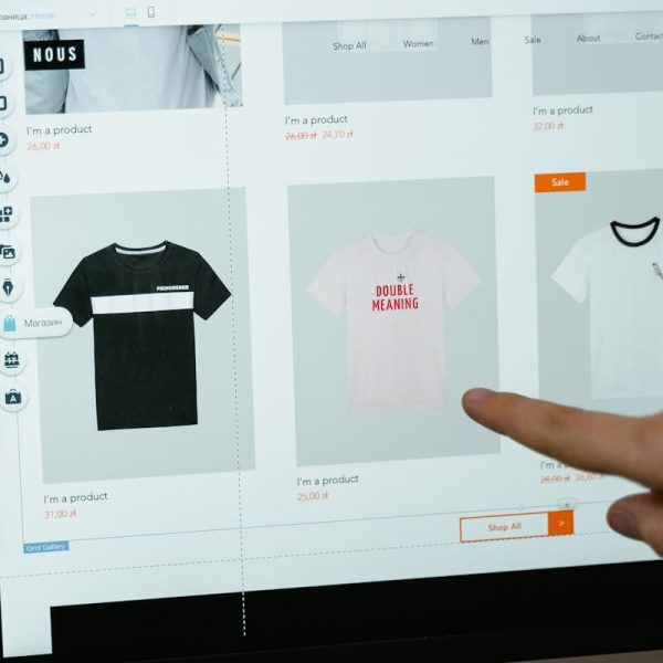 A person points to t-shirt options in an online store on a laptop screen.